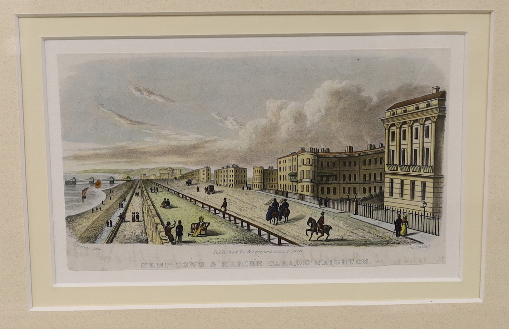 Six 19th century engravings and prints of Brighton view, some hand coloured, including Lamberts a correct a view of Brighthelmston in 1765, publ. 1817 by James Edwards, one after John Bruce, Kemptown, Brighton and Lewes